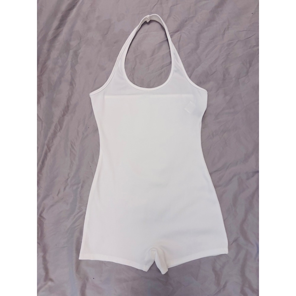 SHEIN SXY White Ribbed Halter Neck Romper Bodycon Unitard Size M 6